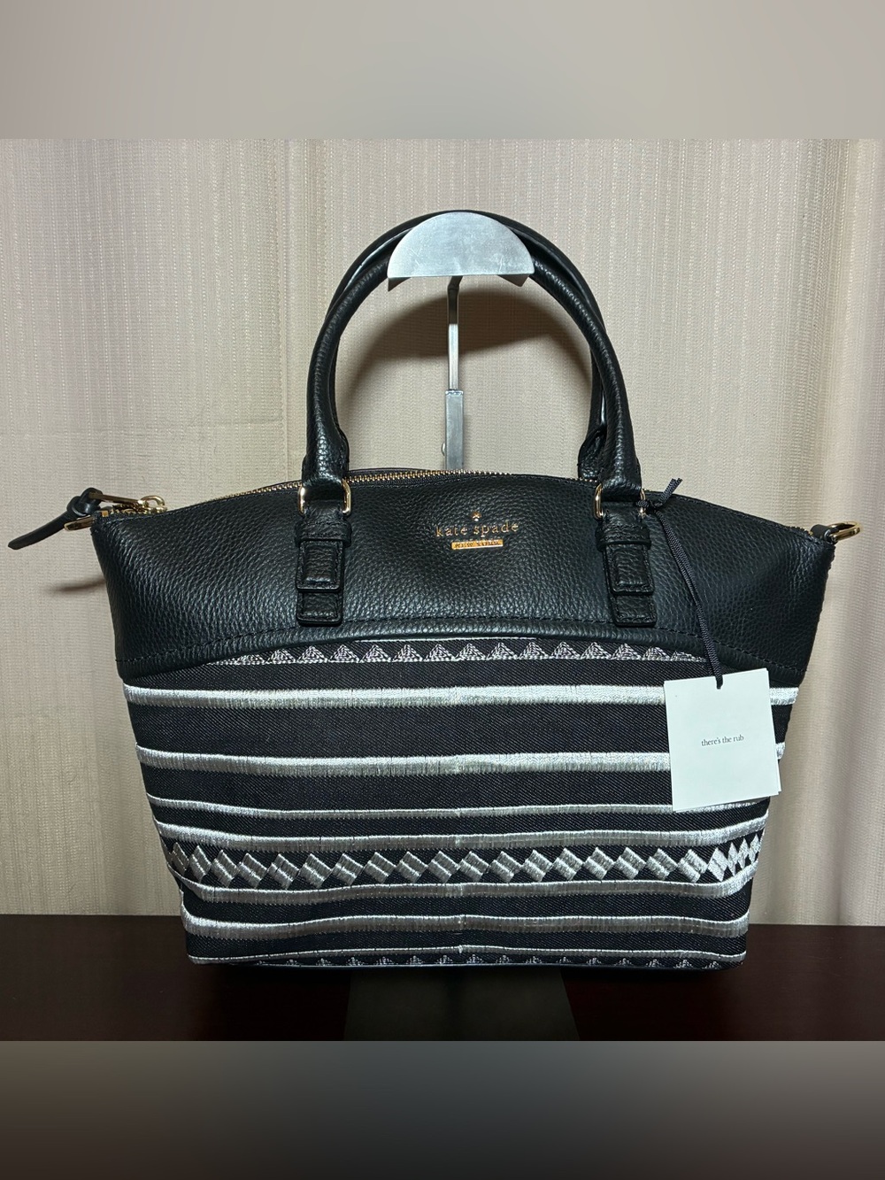kate spade Black & White Striped Satchel with Geo Weave NWT